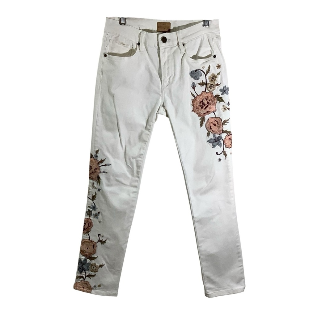 DRIFTWOOD White Jeans with Pink & Blue Floral Embroidery